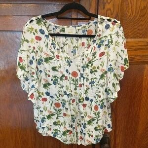 Maeve "Maya" White Floral Pintuck Blouse with Ruffled Sleeves